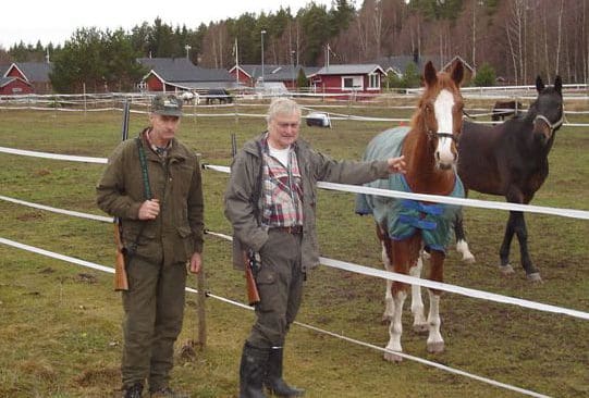 Bo Svedin och Nisse Björklund som vargvakter vid Orsa ridskola. Tidigt på morgonen gick vargar genom hästhagarna.