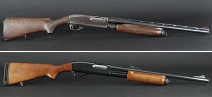 Överst: En sliten Wingmaster från 1955. Den fungerar fortfarande perfekt. Under: En 870 Magnum som har varit i brittisk polistjänst. Med Magnum avses att den kan skjuta 3” magnumpatroner. Magnum introducerades redan 1955.
