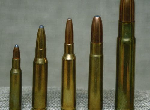 Några vanliga och mindre vanliga kalibrar. .222 Remington, .308 Winchester, 6,5x55, 9,3x57 samt .460 Weatherby Magnum.