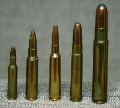 Några vanliga och mindre vanliga kalibrar. .222 Remington, .308 Winchester, 6,5x55, 9,3x57 samt .460 Weatherby Magnum.