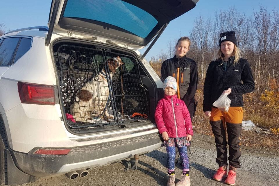 Johanna och Josefin Granström Sundgren samt Jonna Aira är nöjda efter att ha lyckats fånga in den förrymda settern.