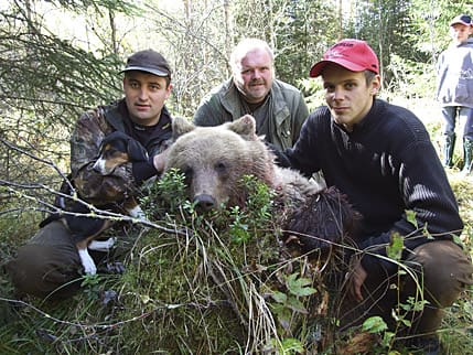 Nöjda björnjägare. Från vänster Jonathan Olsson, Dennis Jemt och Niklas Friberg.