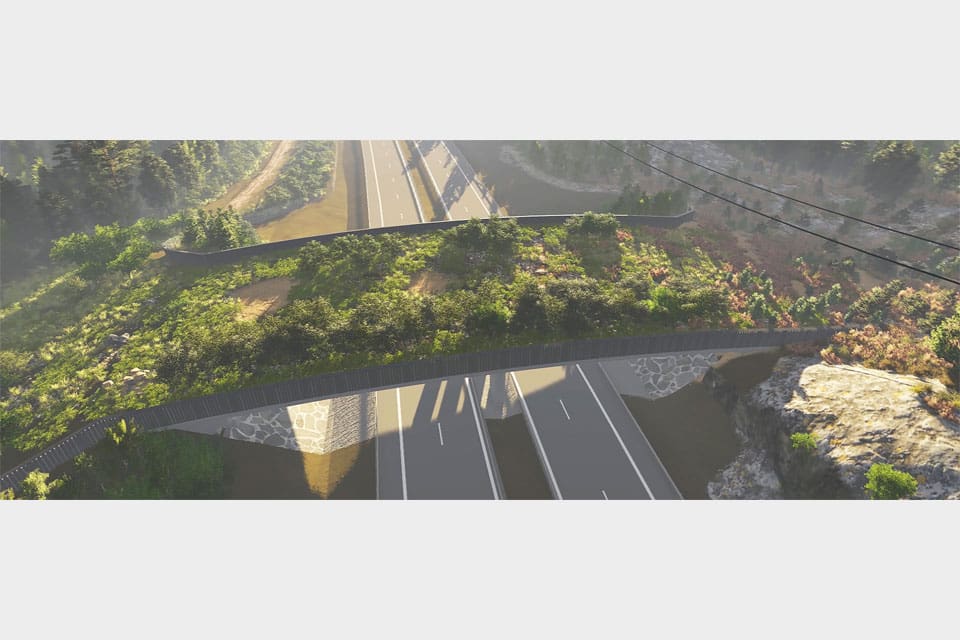 En 3D-modell av den nya ekodukten som ska byggas över E6 mellan Mölndal och Kungsbacka.