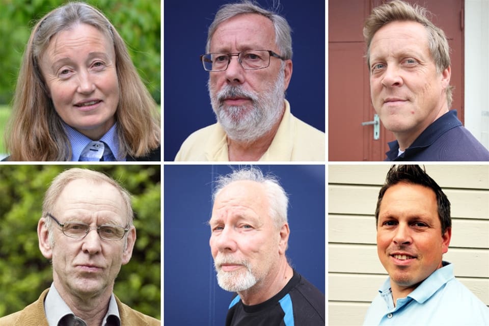 JRF:s förbundsstyrelse. Övre raden från vänster: förbundsordförande Solveig Larsson, Sven-Olof Sandberg och Rickard Olsson. Nedre raden från vänster: Henrik Tågmark, Ulf Lindström och Enock Skogman.