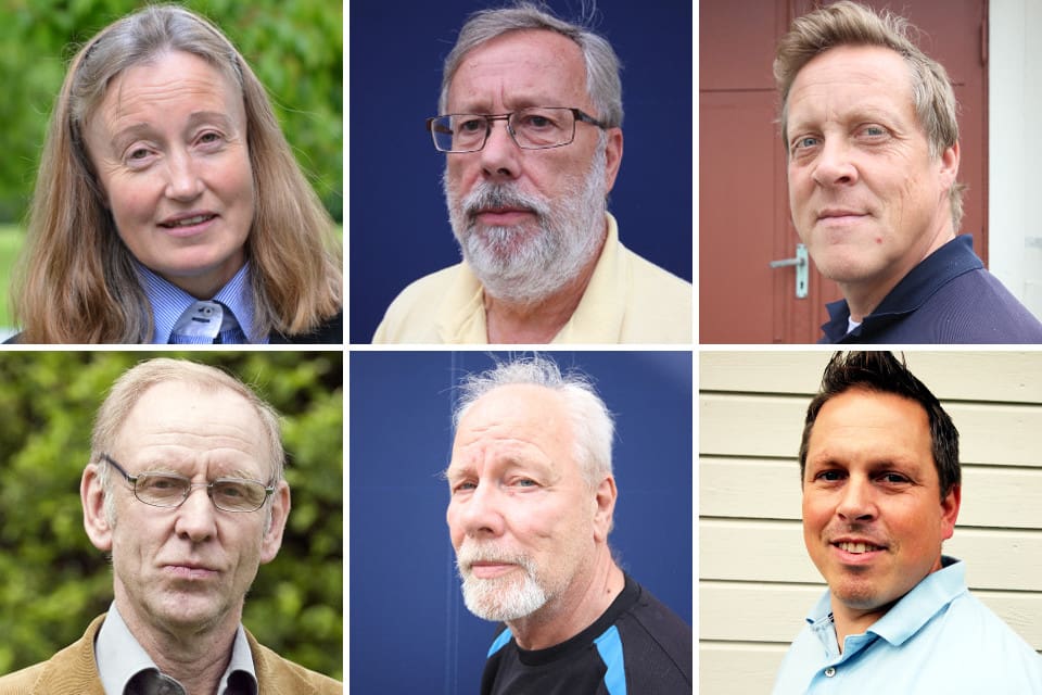 JRF:s förbundsstyrelse. Övre raden från vänster: förbundsordförande Solveig Larsson, Sven-Olof Sandberg och Rickard Olsson. Nedre raden från vänster: Henrik Tågmark, Ulf Lindström och Enock Skogman.