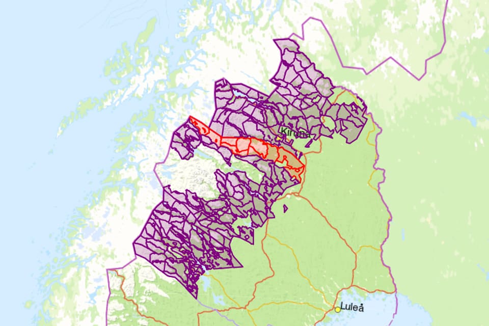Här är kartan i NatureIT som visar var det är jaktförbud efter att Girjas sameby vann i HD och har ensamrätt på att upplåta jakt och fiske på statens fjällmark. Försäljningen av jakt- och fiskekort via länsstyrelsen har stoppats på marken.