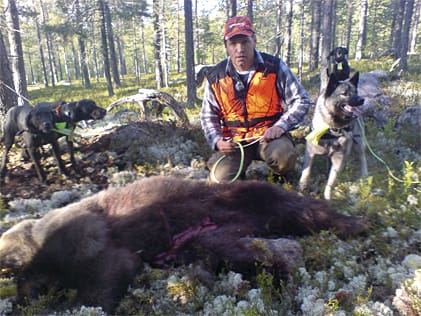 Jonny Persson med en skjuten bj&ouml;rn i S&auml;rna-Idre omr&aring;det. &rdquo;Nu &auml;r det hundjakt med drivande hund som man ska f&ouml;rs&ouml;ka stoppa&rdquo;, s&auml;ger han om bj&ouml;rnbeslutet f&ouml;r Dalarna.