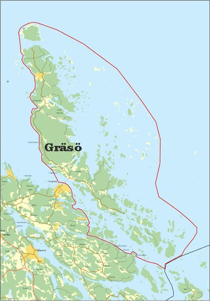Gräsövargen ska avlivas. Här får skyddsjakten på vargen i Norduppland bedrivas, på Gräsö och omkringliggande öar. Jaktområdet markerat med en röd linje.