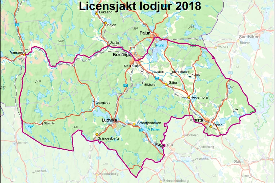 Området för licensjakten på lodjur i Dalarna, där kvoten på sex lodjur sköts på två dagar.