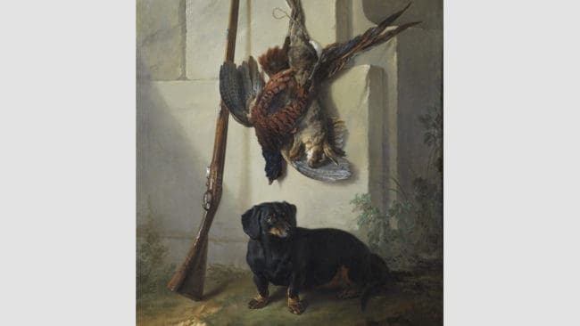 Taxen Pehr med jaktbyte, av Jean-Baptiste Oudry (1686-1755), signerad år 1740. Ett fotografi av denna oljemålning, som tillhör Nationalmuseums samling, är utlånat till SKK:s museum.