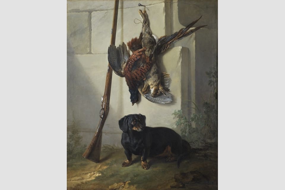 Taxen Pehr med jaktbyte, av Jean-Baptiste Oudry (1686-1755), signerad år 1740. Ett fotografi av denna oljemålning, som tillhör Nationalmuseums samling, är utlånat till SKK:s museum.