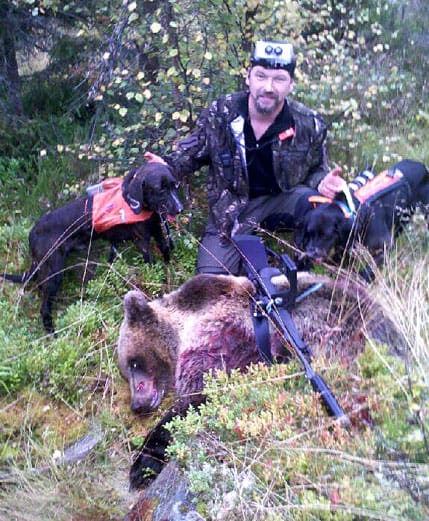 Experter i Norge. Rasmus Boström och hans mest erfarne plotthund, Oryx, deltar som experter i ett försök med skyddsjakt på björn med drivande hundar.