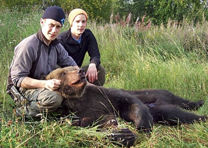 Sebastian Dahl och Kristoffer Jonsson med björnhanen på 142 kilo.