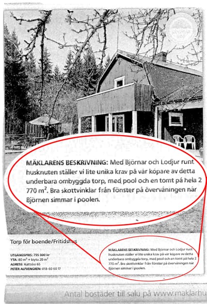 Annonsen i Upsala Nya tidning. Mäklaren lät fantasin flöda och kryddade texten som aldrig var tänkt att komma i tryck.