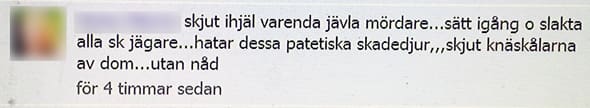 Vill att jägare slaktas. Den här kommentaren dök upp natten till tisdagen på en av vargföreningarnas officiella och öppna facebooksida.