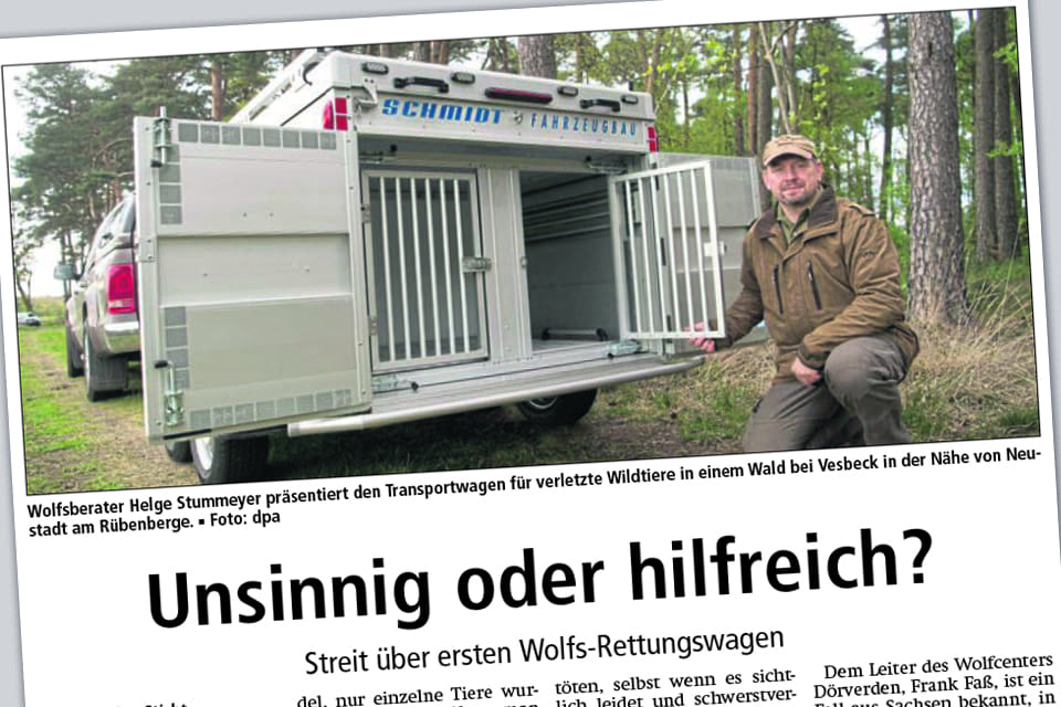 Tyskland har en speciell vargambulans främst för trafikskadade vargar. Urklippet är från Allegemeine Zeitung som intervjuat vargräddaren Helge Stummeyer.