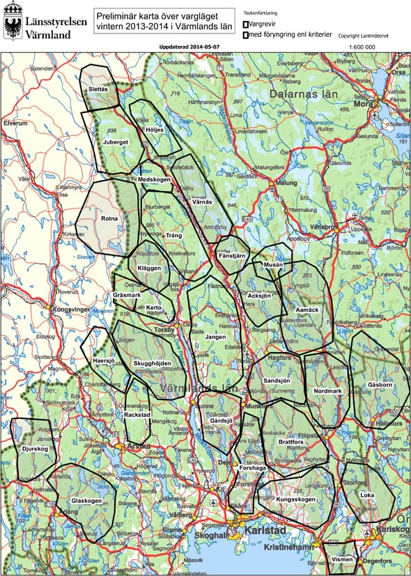 Vargläget i Värmland den senaste vintern enligt länsstyrelsens kartläggning. Av de 29 reviren har 19 bekräftade föryngringar. Värmland har en vargexplosion, som redan nu motsvarar 4 400 vargar i Sverige.
