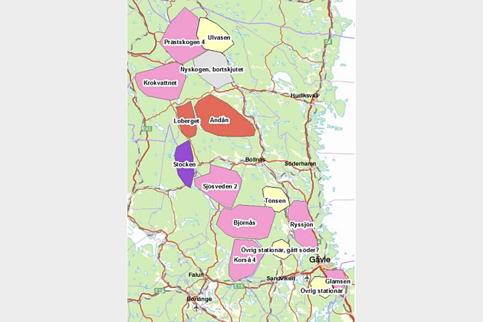 Här är vargkartan för Gävleborg, som bland annat visar att det finns revirmarkerande vargar både norr och söder om Gävle.