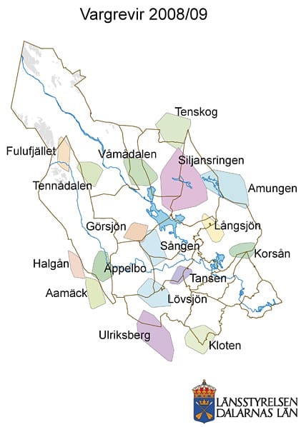En politisk karta över Dalarna, som helt håller på att tas över av vargrevir. Av cirka 230 bofasta i ett vargområde kräver 93 procent att alla vargar skjuts bort runt deras byar.