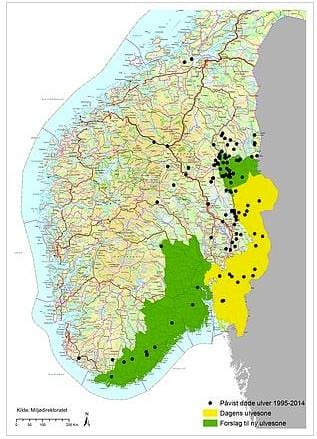 Förslaget. Det gula fältet är dagens vargzon i Norge. Nu vill vargvännerna att zonen ska utökas kraftigt och omfatta även det gröna området. De svarta prickarna är konstaterat döda vargar mellan åren 1995 och 2014.