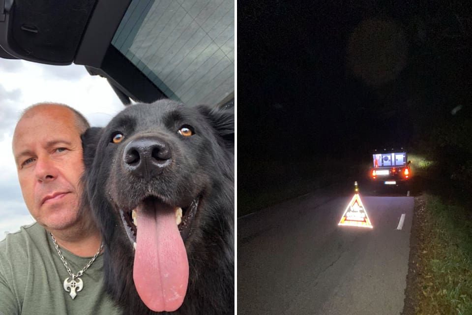 Mikael Norgren och Ozzy överlevde söndagens möte med en hänsynslös bilförare.